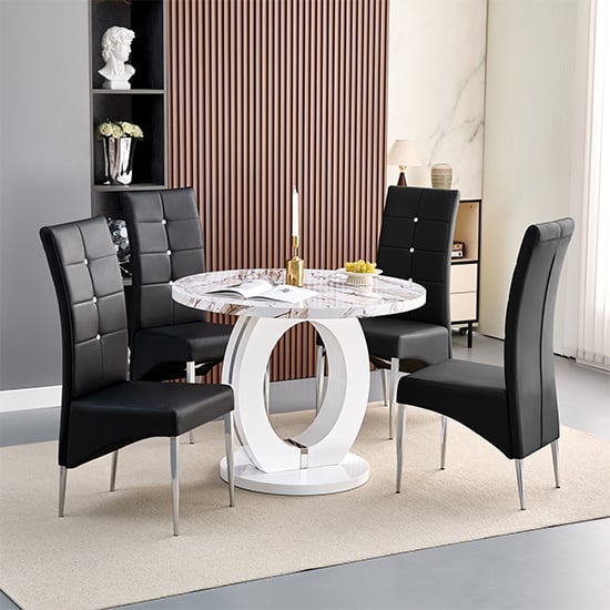 Product photograph of Halo Milo Marble Effect Round Dining Table 4 Vesta Black Chairs from Furniture in Fashion