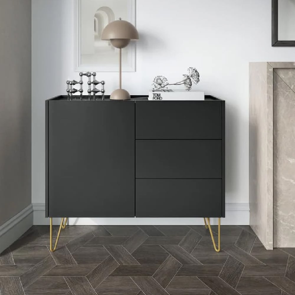 hamden wooden sideboard with 1 door 3 drawers in black