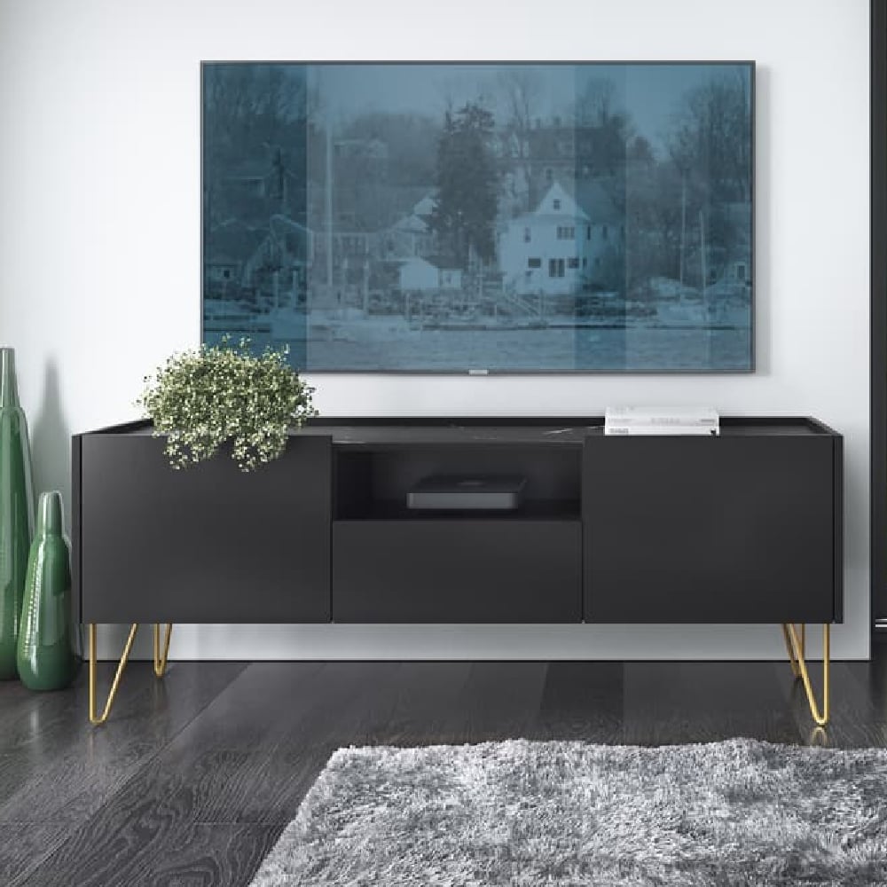 hamden wooden tv stand with 2 doors 1 drawer in black