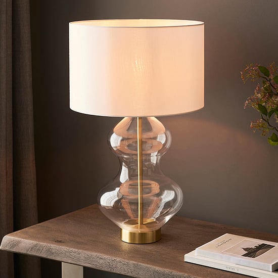 Photo of Hamel white shade touch table lamp with shaped glass base