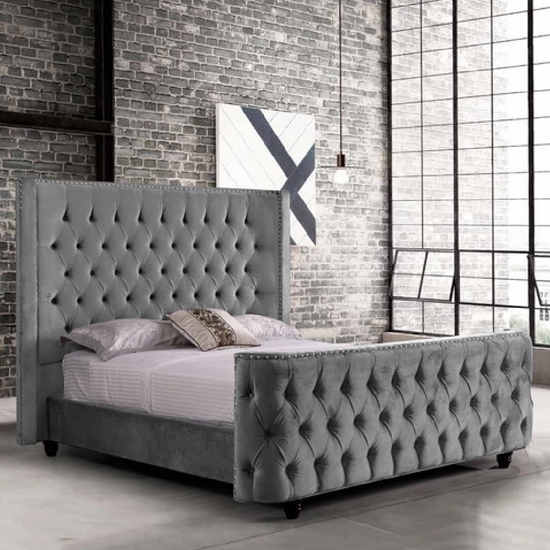 View Hammond plush velvet super king size bed in grey