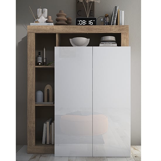Product photograph of Hanmer High Gloss Shoe Cabinet With 2 Doors In White Knotty Oak from Furniture in Fashion