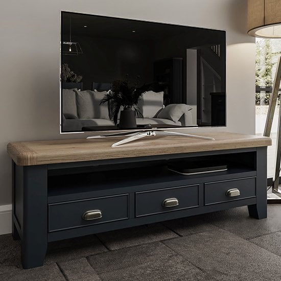 Read more about Hants wooden 3 drawers and shelf tv stand in blue