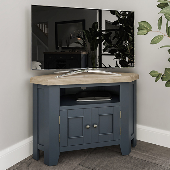Read more about Hants corner wooden 2 doors and shelf tv stand in blue
