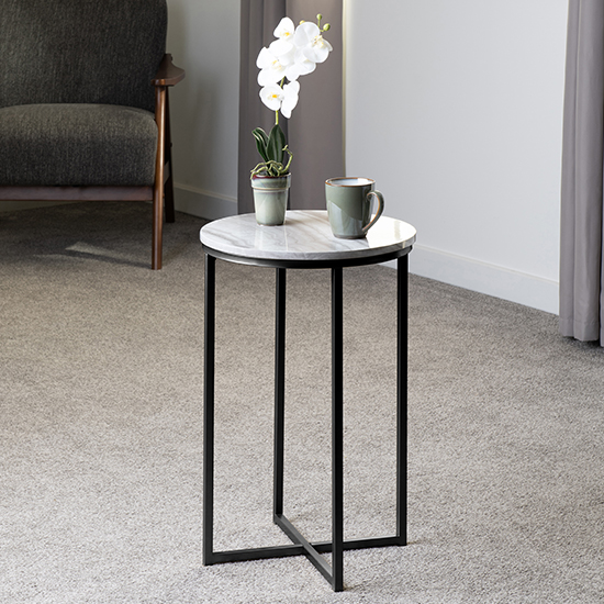 Product photograph of Hargrove Side Table In White Marble Effect With Black Frame from Furniture in Fashion