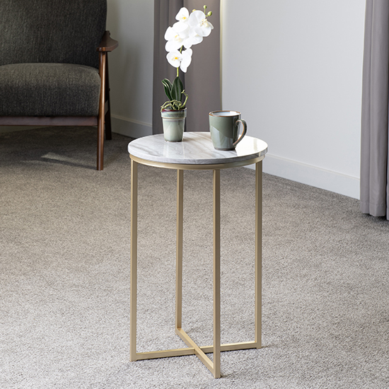 Product photograph of Hargrove Side Table In White Marble Effect With Gold Frame from Furniture in Fashion
