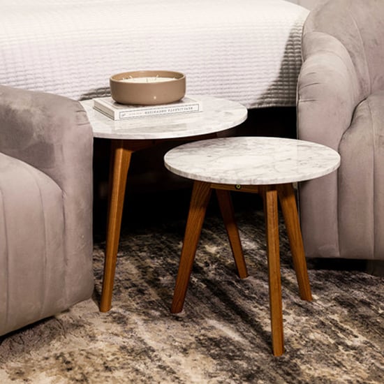 Product photograph of Harlots White Marble Nest Of 2 Tables With Solid Oak Frame from Furniture in Fashion
