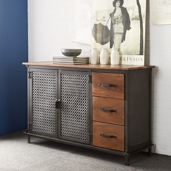 Read more about Harlow sideboard in hardwood and reclaimed metal with 3 drawers