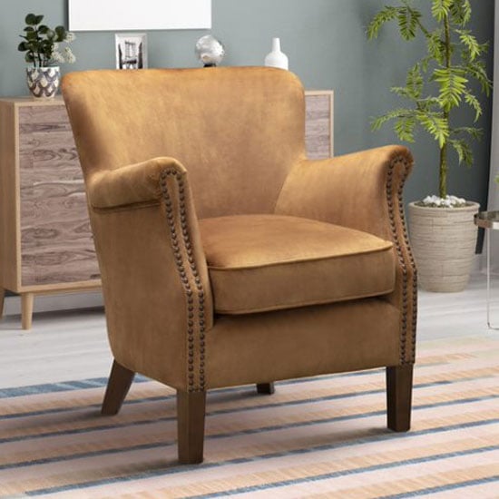 Product photograph of Harlow Velvet Upholstered Vintage Armchair In Caramel from Furniture in Fashion