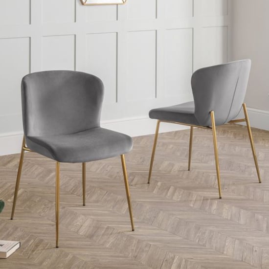 Read more about Haimi grey velvet dining chair with gold metal legs in pair