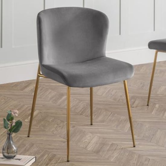 Product photograph of Haimi Velvet Dining Chair In Grey With Gold Metal Legs from Furniture in Fashion