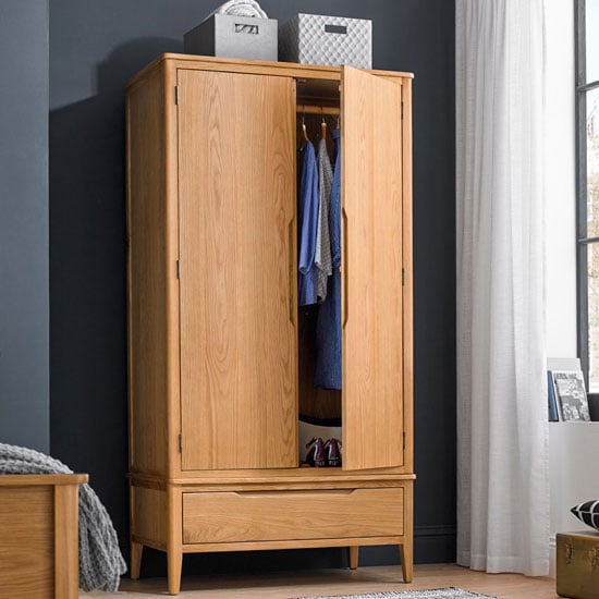 Read more about Harriet double door wardrobe in robust solid oak with 1 drawer