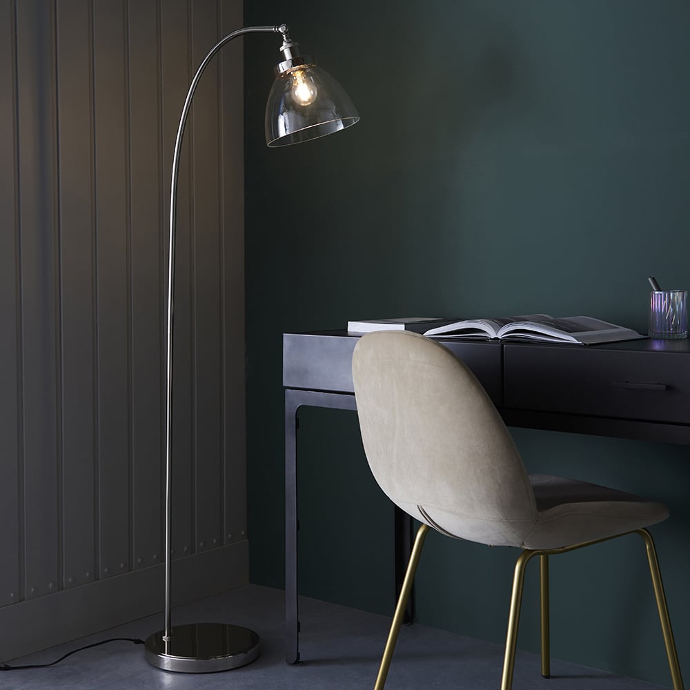 Product photograph of Hartford Clear Glass Shade Floor Lamp In Bright Nickel from Furniture in Fashion