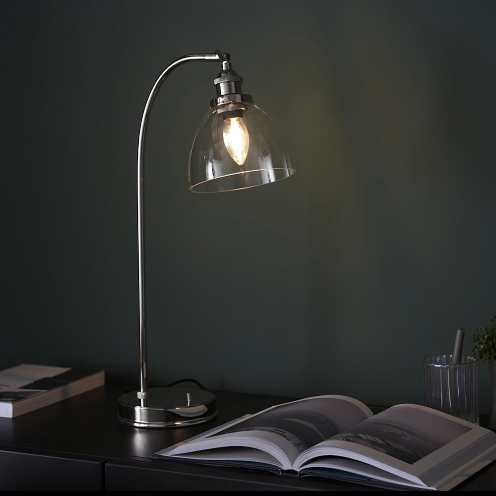 Product photograph of Hartford Clear Glass Shade Table Lamp In Bright Nickel from Furniture in Fashion