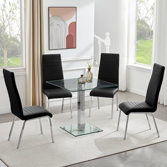 Read more about Hartley clear glass dining table with 4 dora black chairs