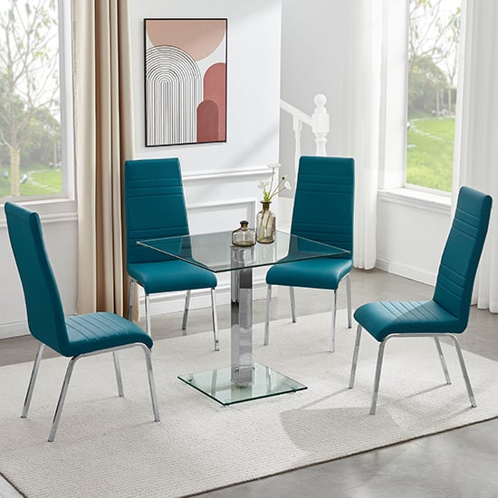 Product photograph of Hartley Clear Glass Dining Table With 4 Dora Teal Chairs from Furniture in Fashion