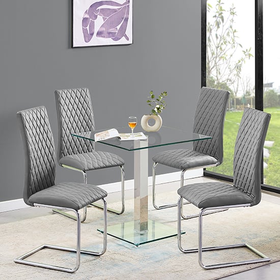 Product photograph of Hartley Clear Glass Dining Table With 4 Ronn Grey Chairs from Furniture in Fashion