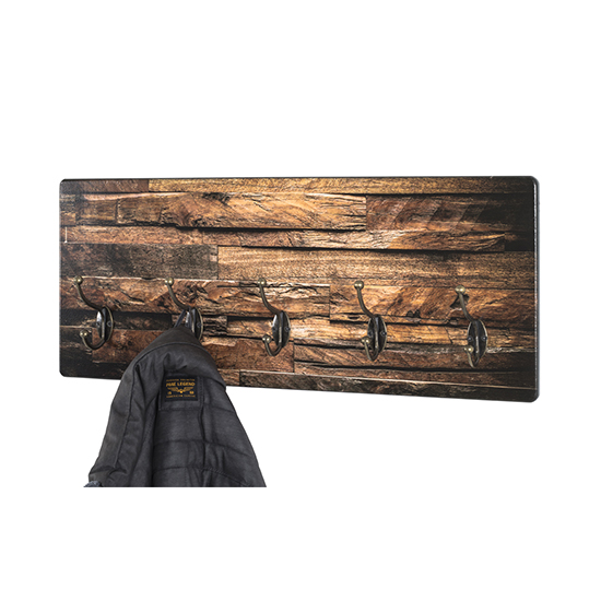 Product photograph of Haute Wooden Wall Hung 5 Hooks Coat Rack In Parquet Print from Furniture in Fashion