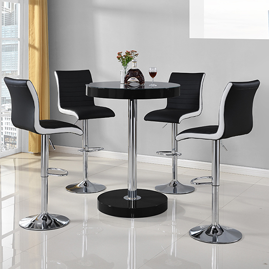 Photo of Havana bar table in black with 4 ritz black and white bar stools