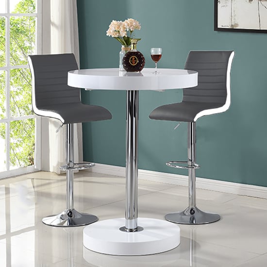Photo of Havana bar table in white with 2 ritz grey and white bar stools