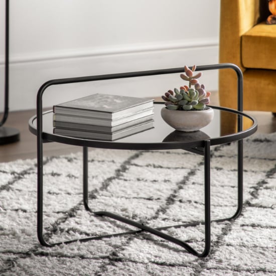 Read more about Hawley round glass coffee table with metal frame in black