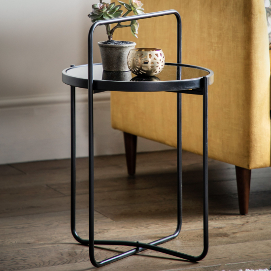 Product photograph of Hawley Round Glass Side Table With Metal Frame In Black from Furniture in Fashion
