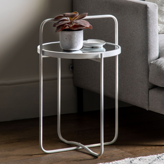 Photo of Hawley round glass side table with metal frame in white