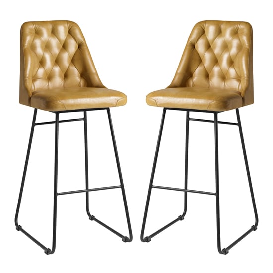 Product photograph of Hayton Vintage Gold Genuine Leather Bar Stools In Pair from Furniture in Fashion
