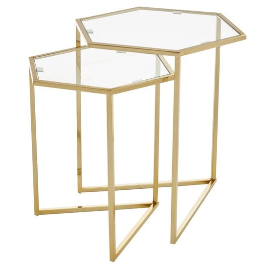 Photo of Heber hexagonal glass nest of 2 tables with gold steel frame