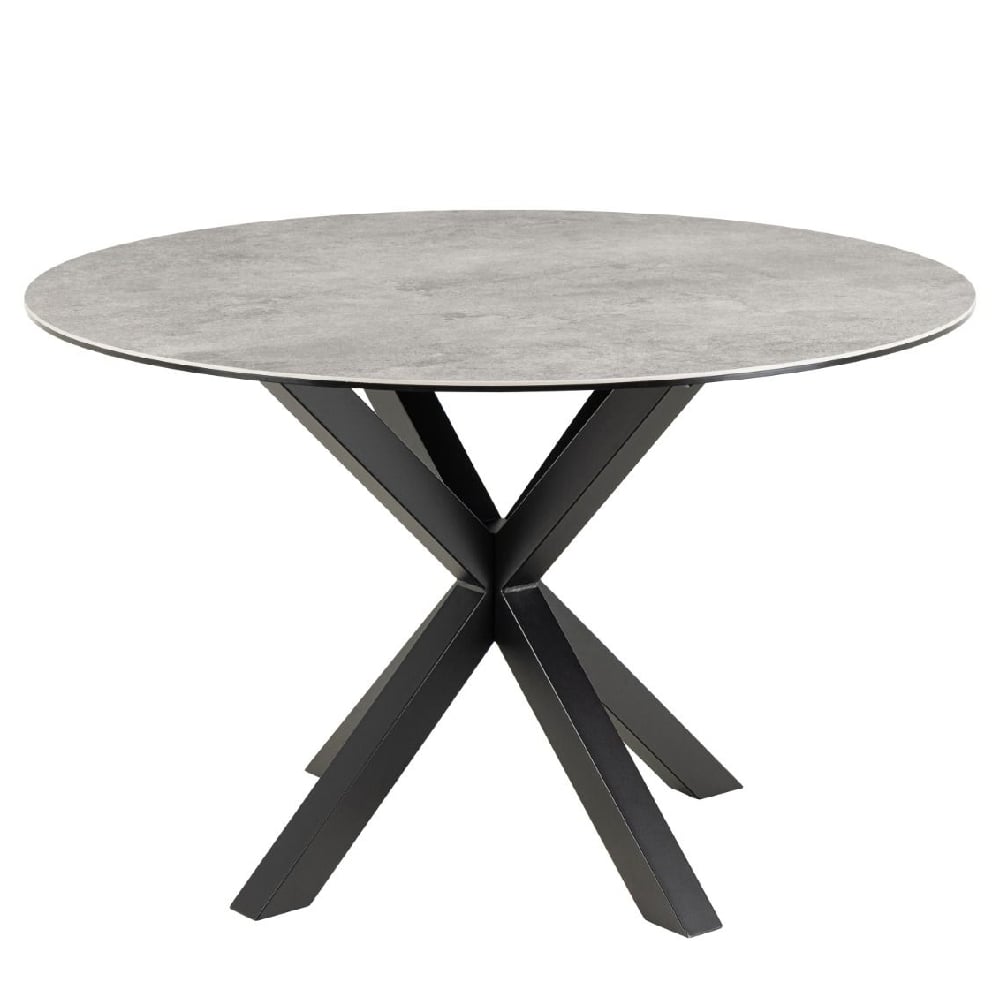 hebron ceramic round dining table with metal base in grey