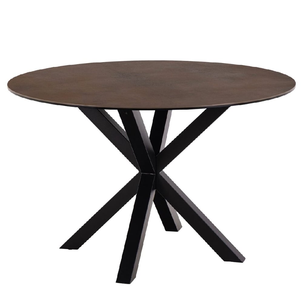 hebron ceramic round dining table with metal base in rustic brown