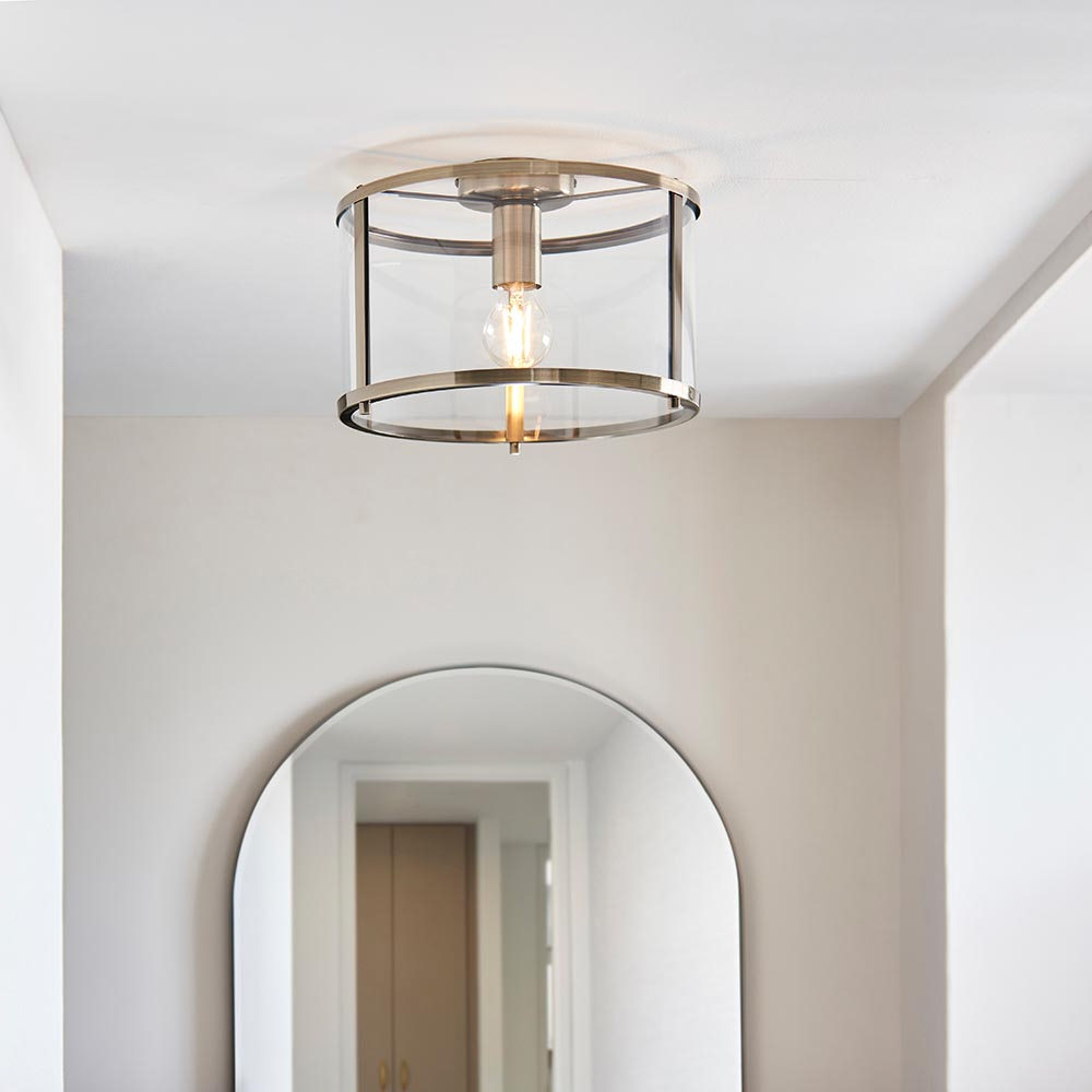 Read more about Hebron clear glass shade flush ceiling light in antique brass