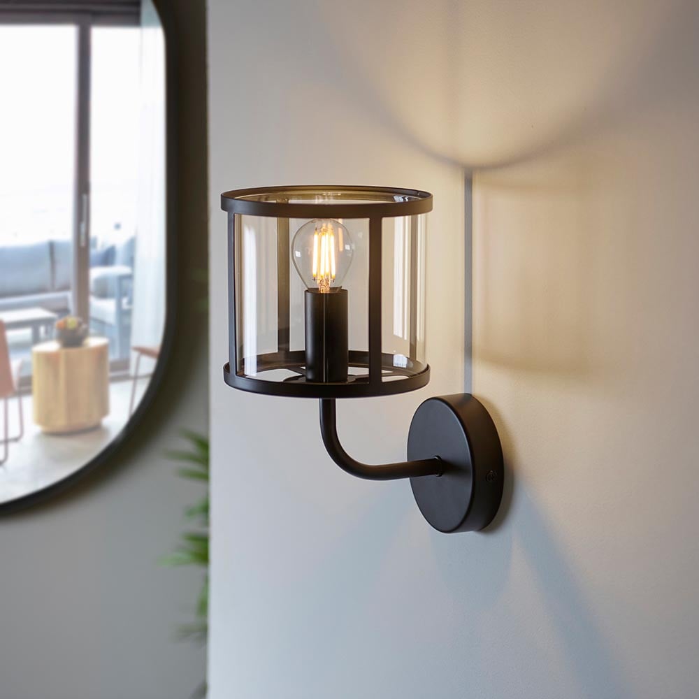 Product photograph of Hebron Clear Glass Shade Wall Light In Matt Black from Furniture in Fashion