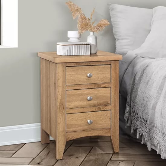 hebron wooden bedside cabinet with 3 drawers in oak