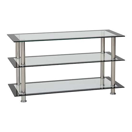 Photo of Hensol clear glass tv stand with silver metal legs
