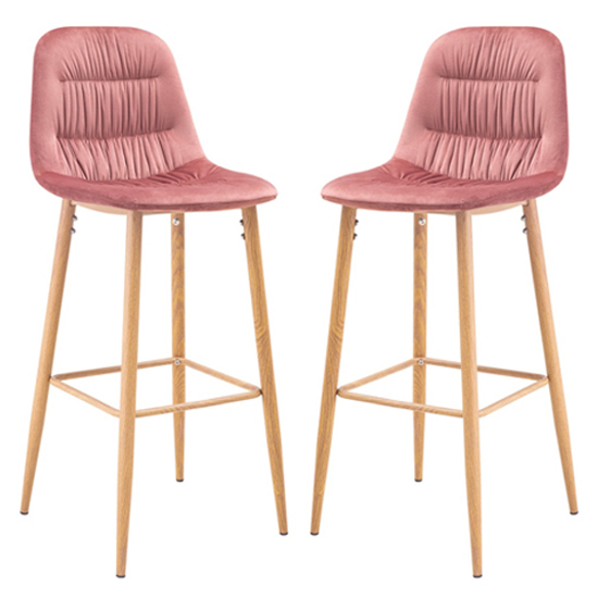 Read more about Herpes pink velvet bar chairs with wooden legs in pair