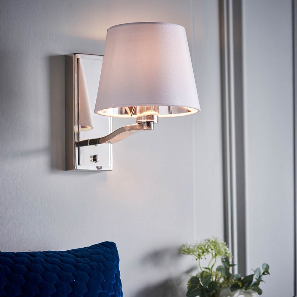 Read more about Herriman white fabric shade wall light in bright nickel