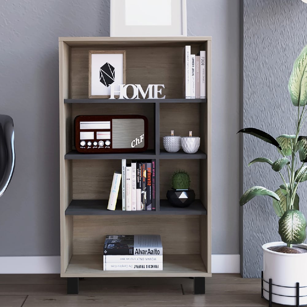 Product photograph of Heswall Wooden Bookcase With 6 Shelves In Oak And Grey from Furniture in Fashion