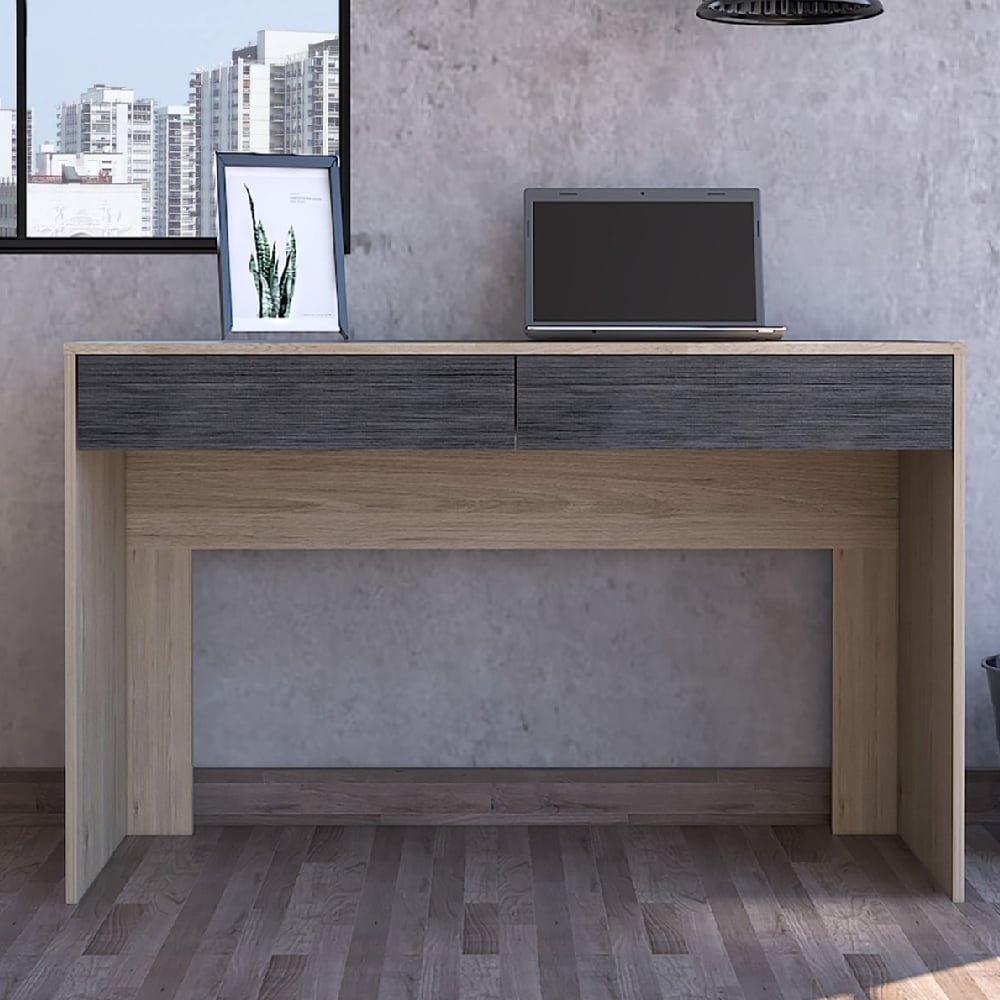 heswall wooden laptop desk with 2 drawers in oak and grey