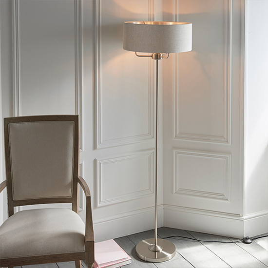 Read more about Highclere natural linen shade floor lamp in brushed chrome