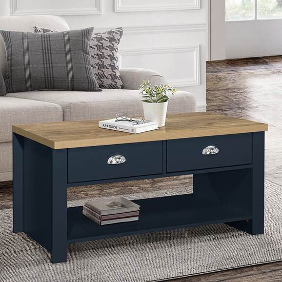 Read more about Highgate wooden coffee table with 2 drawers in blue and oak