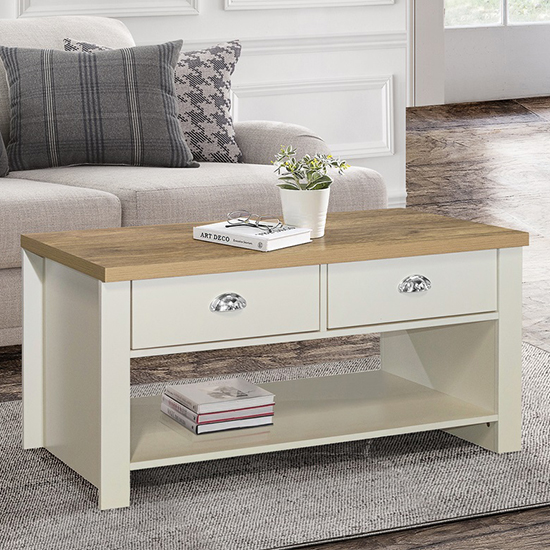 Photo of Highgate wooden coffee table with 2 drawers in cream and oak