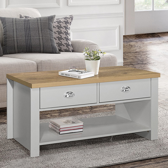 Read more about Highgate wooden coffee table with 2 drawers in grey and oak