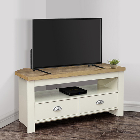 Photo of Highgate corner wooden tv stand in cream and oak