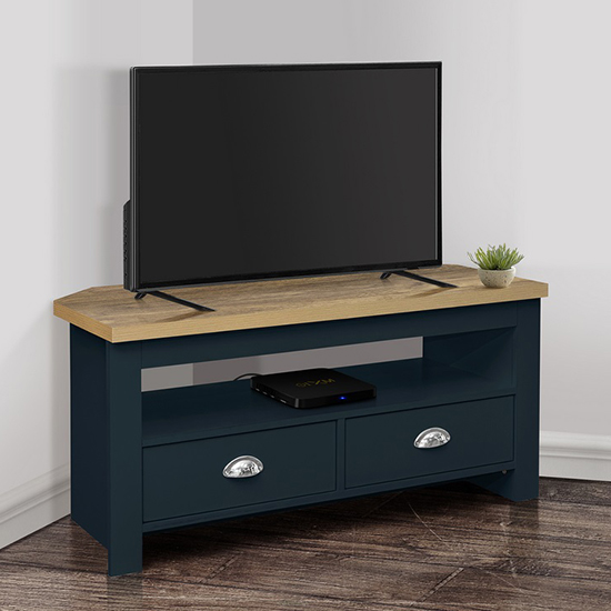 Read more about Highgate corner wooden tv stand in navy blue and oak