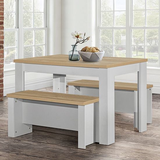 Photo of Highgate wooden dining table and 2 benches in grey and oak