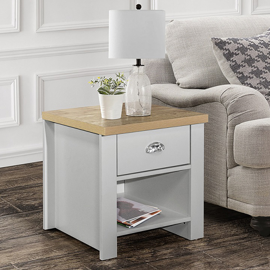 Read more about Highgate wooden lamp table with 1 drawer in grey and oak