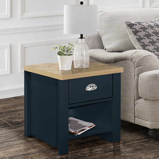 Read more about Highgate wooden lamp table with 1 drawer in navy blue and oak