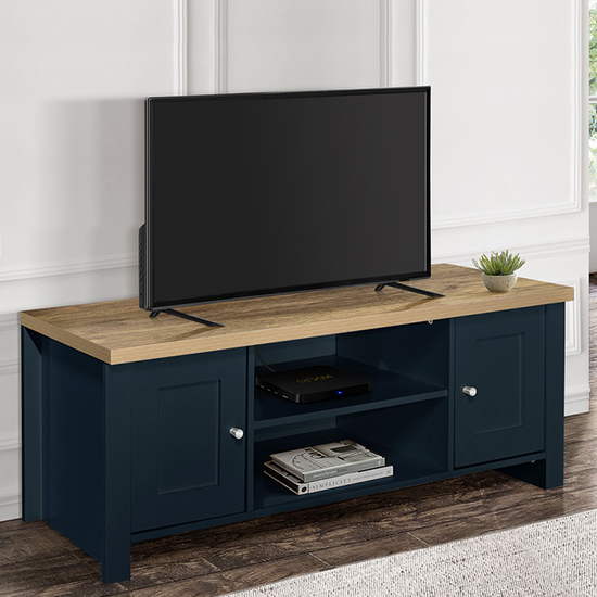 Read more about Highgate large wooden tv stand in navy blue and oak