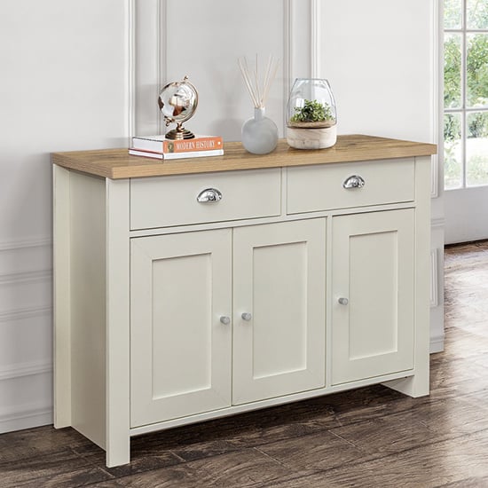 Read more about Highgate wooden sideboard with 3 door 2 drawer in cream and oak